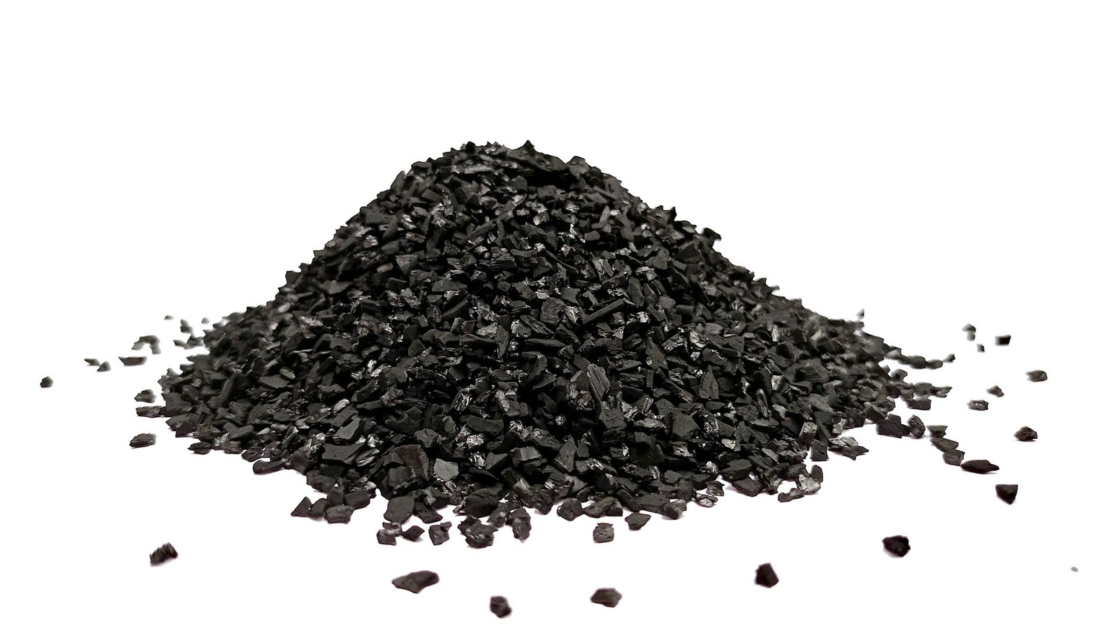 A pile of coarse black activated carbon granules
